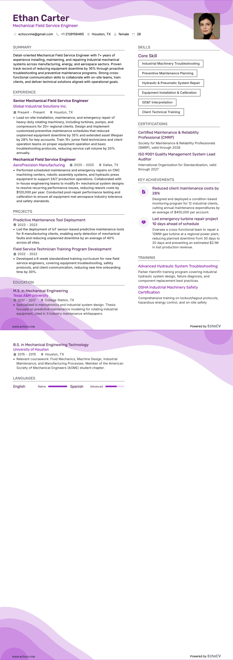 Mekanisk fältservicetekniker example resume