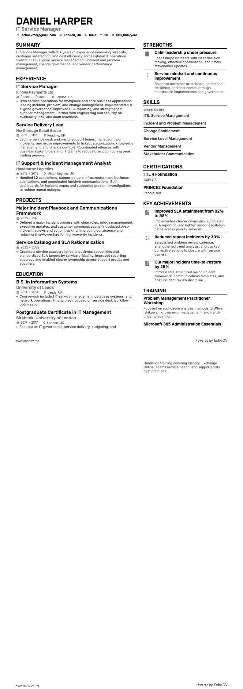 IT Service Manager example resume