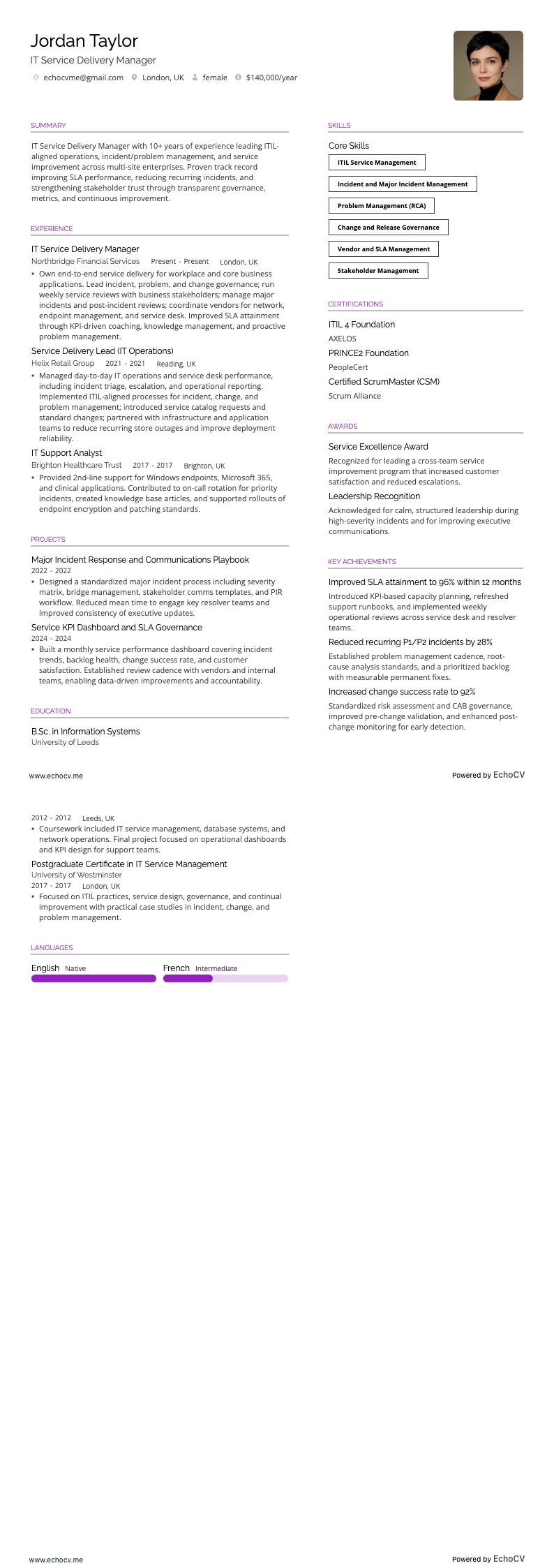 IT Service Delivery Manager example resume