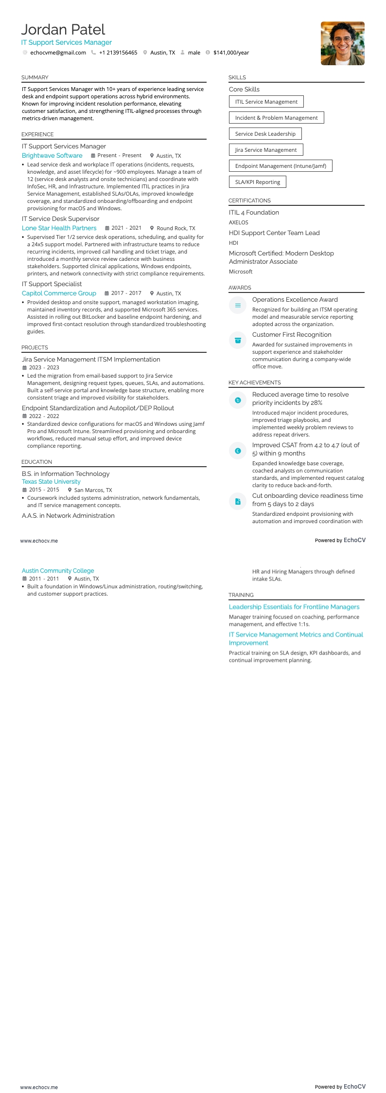 IT Support Services Manager example resume