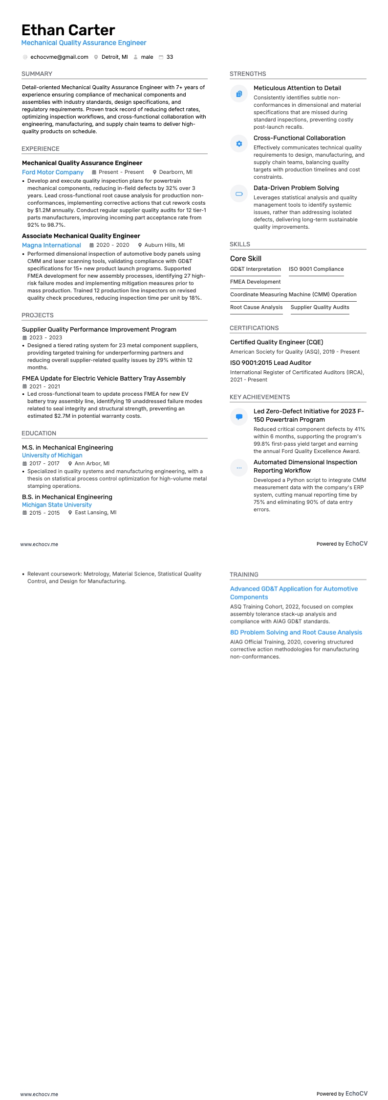 Kvalitetssäkringsingenjör inom mekanik example resume