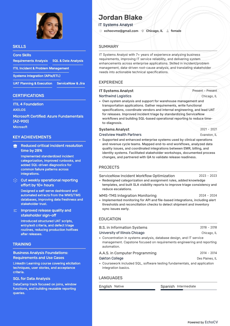 IT Systems Analyst example resume