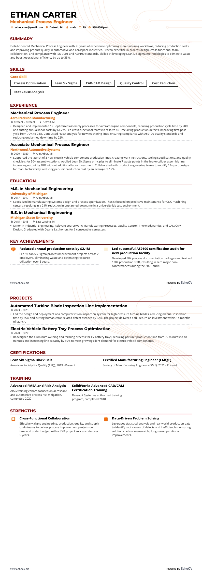 Mekanisk processingenjör example resume
