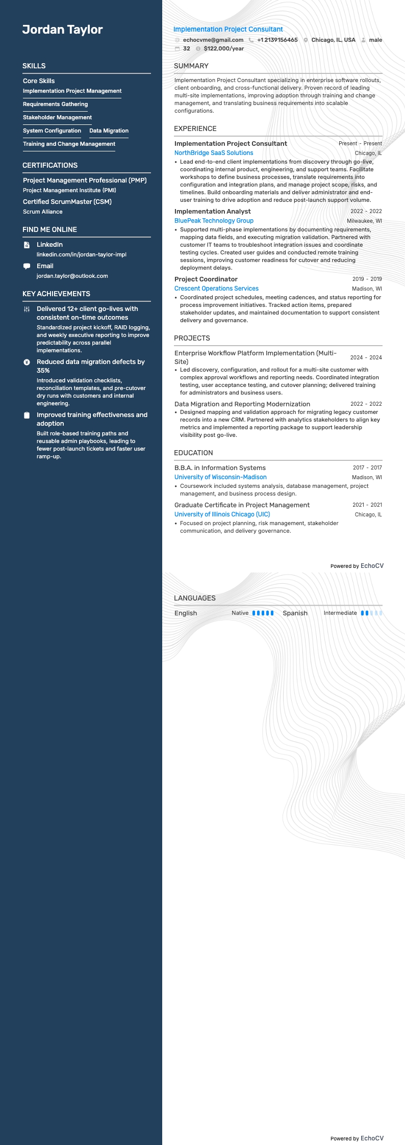 Implementation Project Consultant example resume