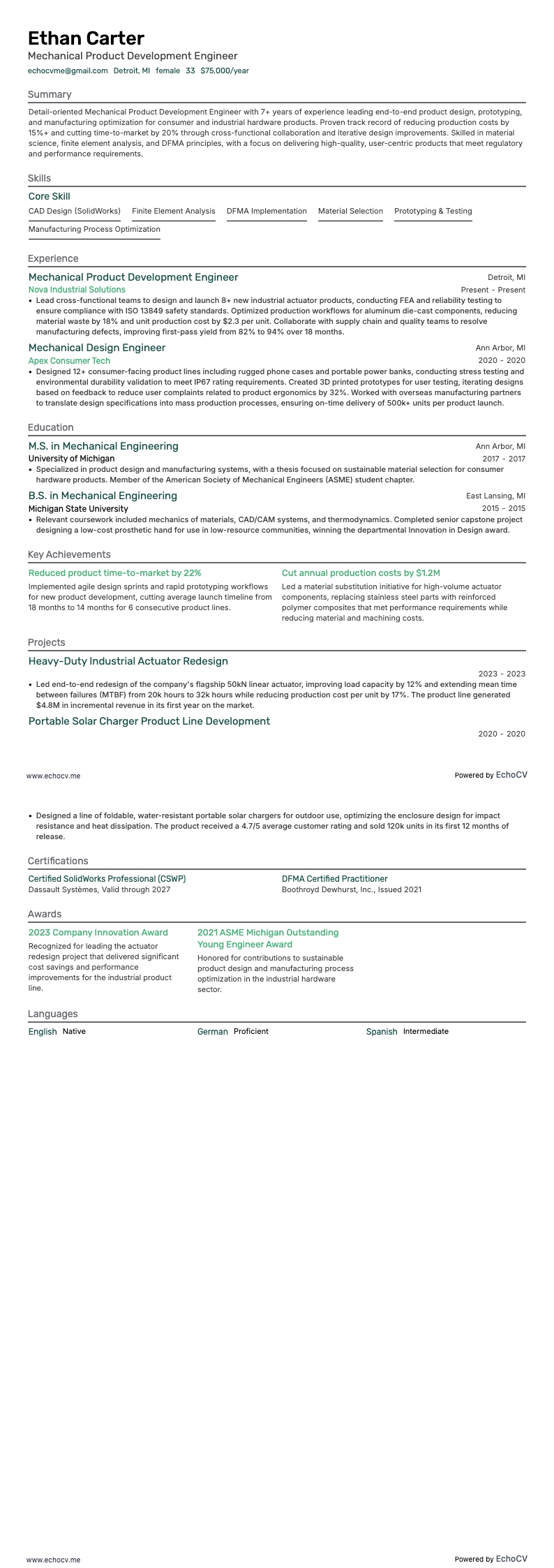 Mekanikingenjör resume example