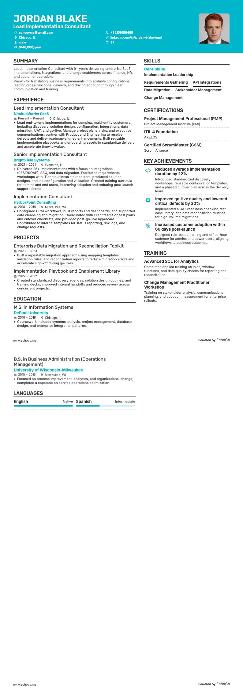 Lead Implementation Consultant example resume