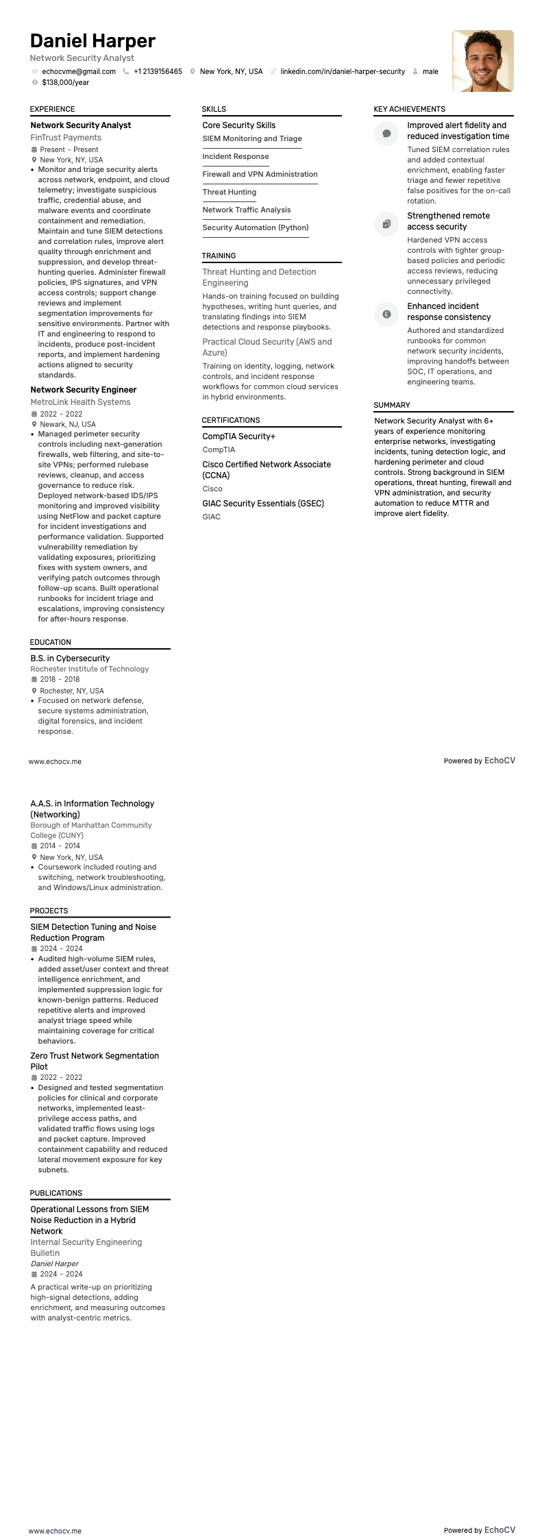 Analista de segurança de redes example resume