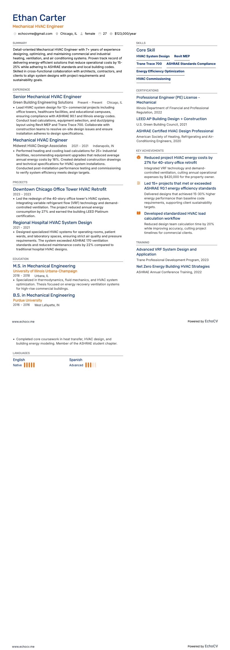 Mekanisk HVAC-ingenjör example resume