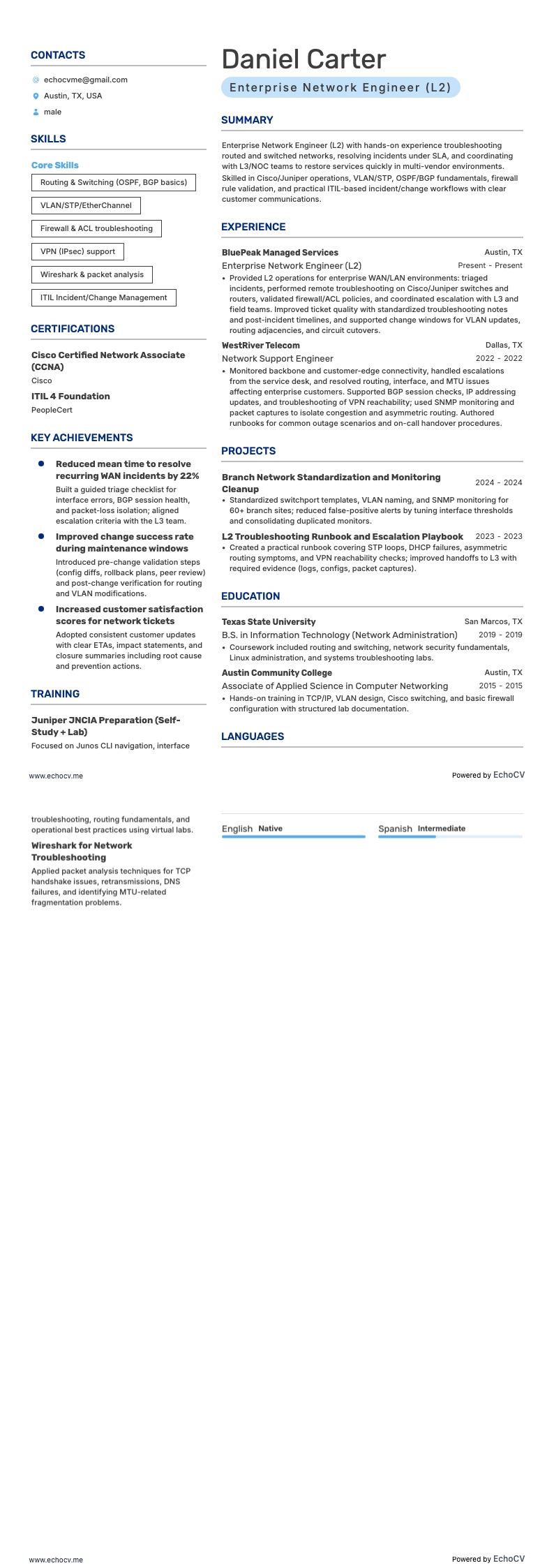 Enterprise Network Engineer example resume