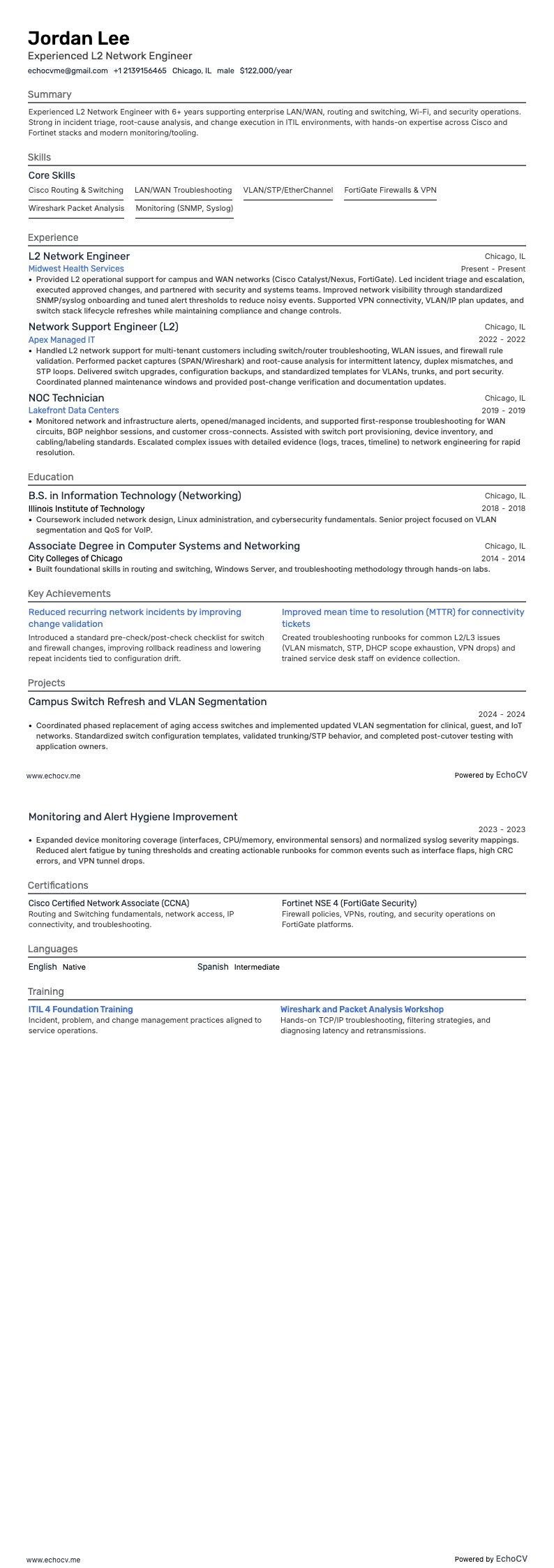 L2 네트워크 엔지니어 resume example