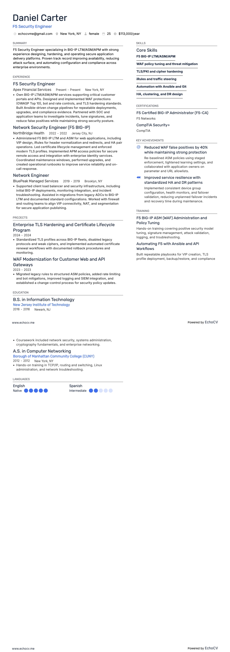 F5 Security Engineer example resume