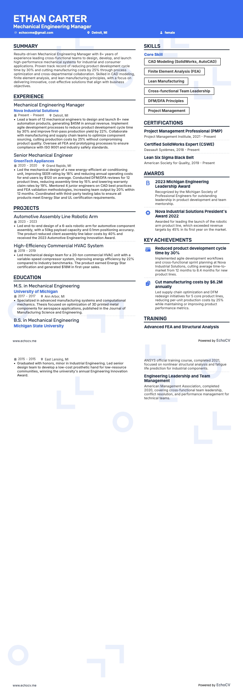 Chef för maskinteknik example resume