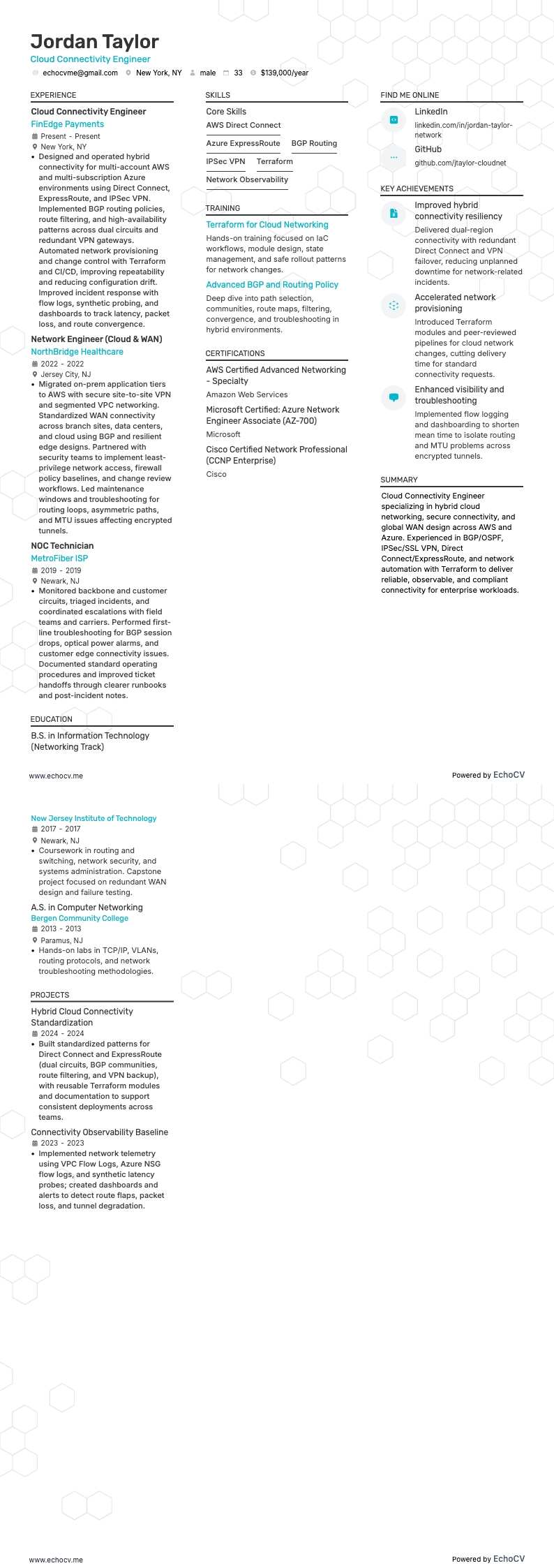 Cloud Connectivity Engineer example resume