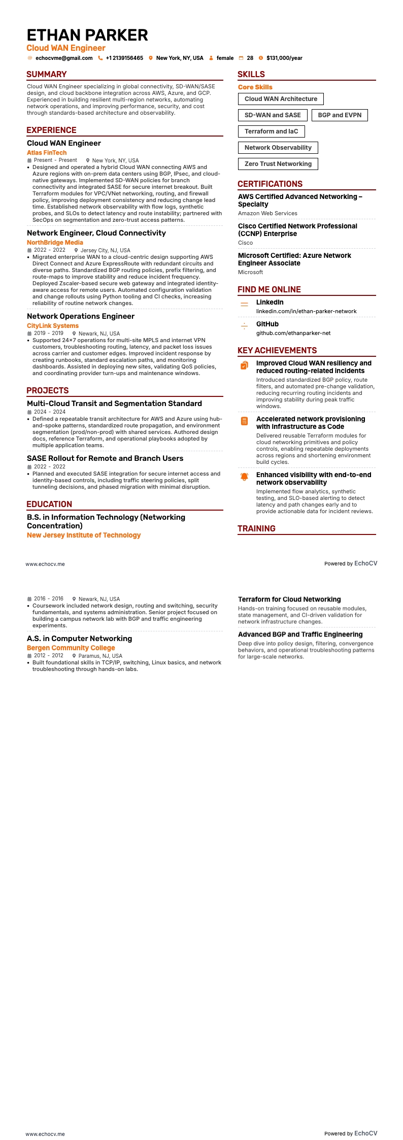Cloud WAN Engineer example resume
