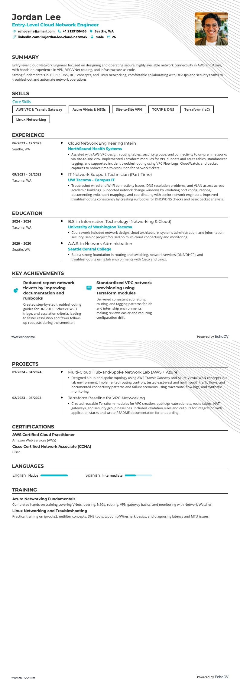 Entry-Level Cloud Network Engineer example resume