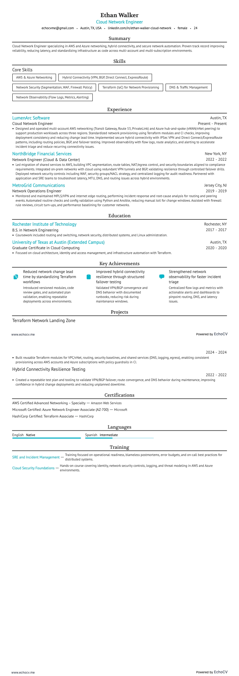 Cloud Network Engineer example resume