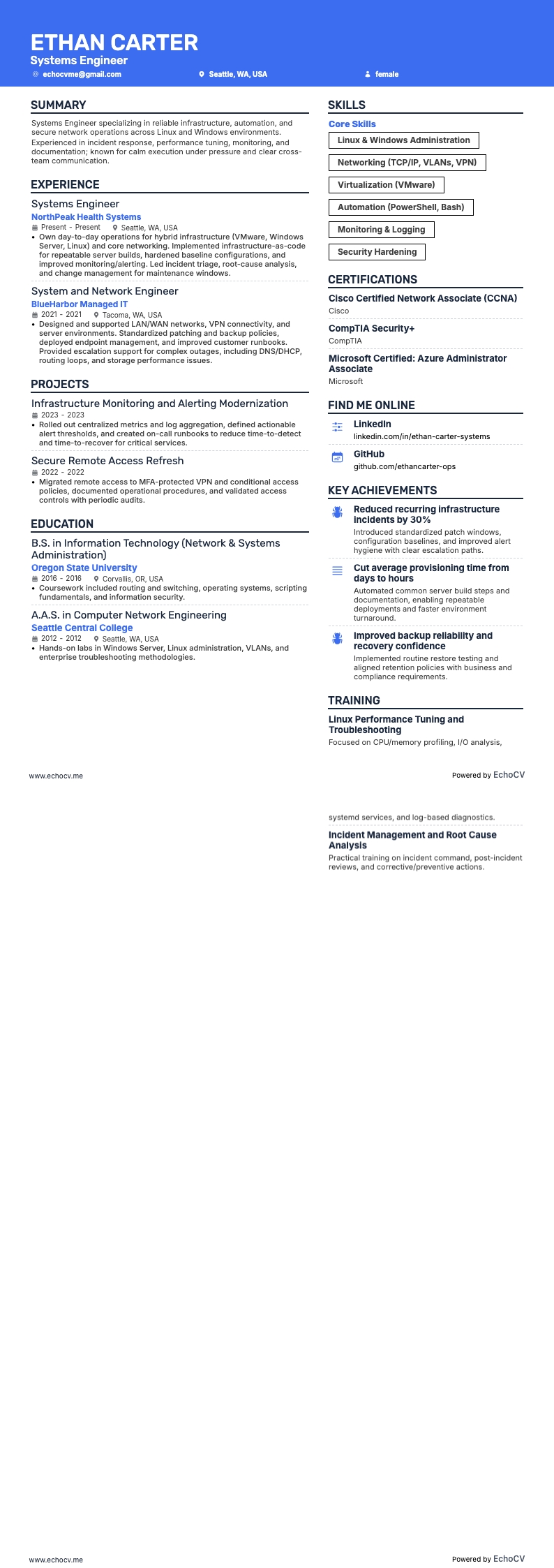 Systems Engineer example resume