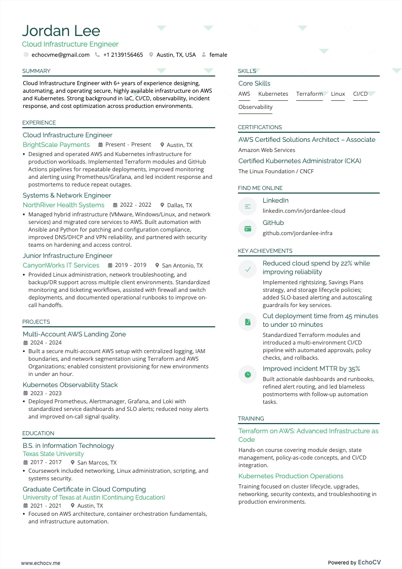 Cloud Infrastructure Engineer example resume