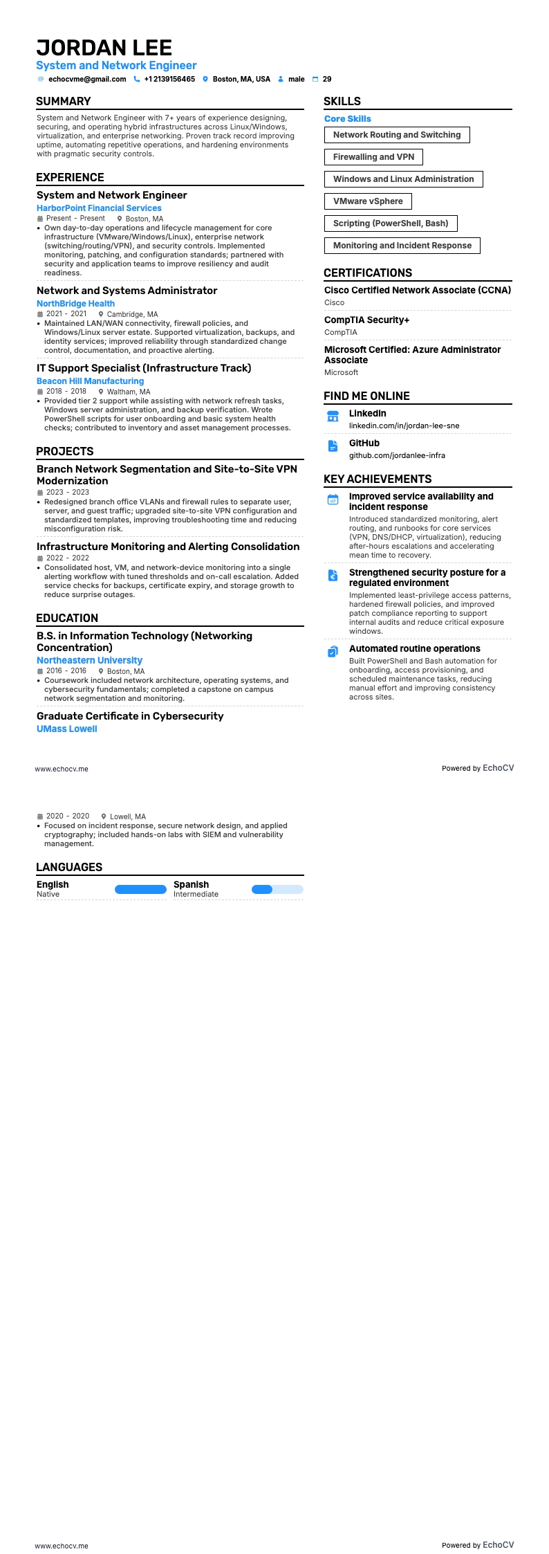 System and Network Engineer example resume