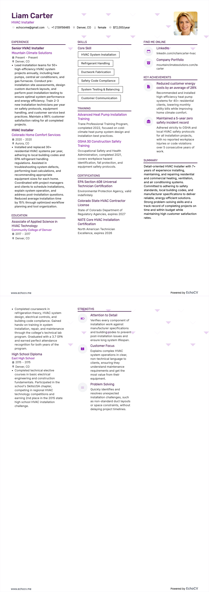 Instalador de HVAC example resume