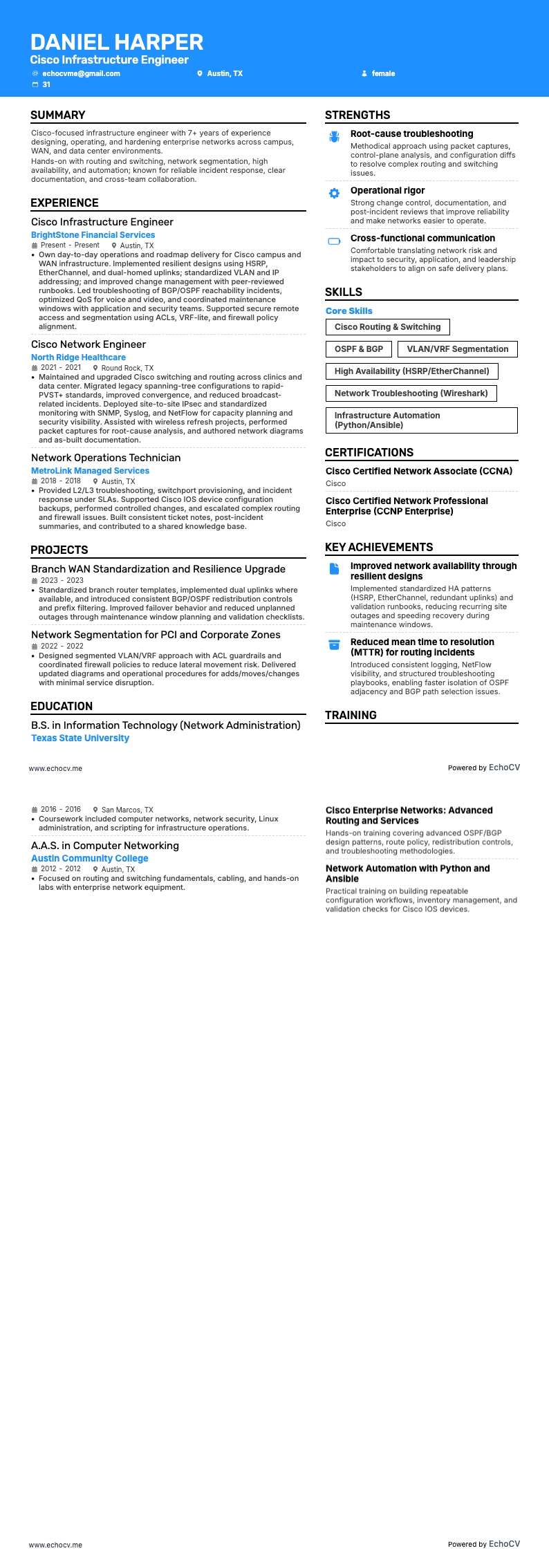 Cisco Infrastructure Engineer example resume