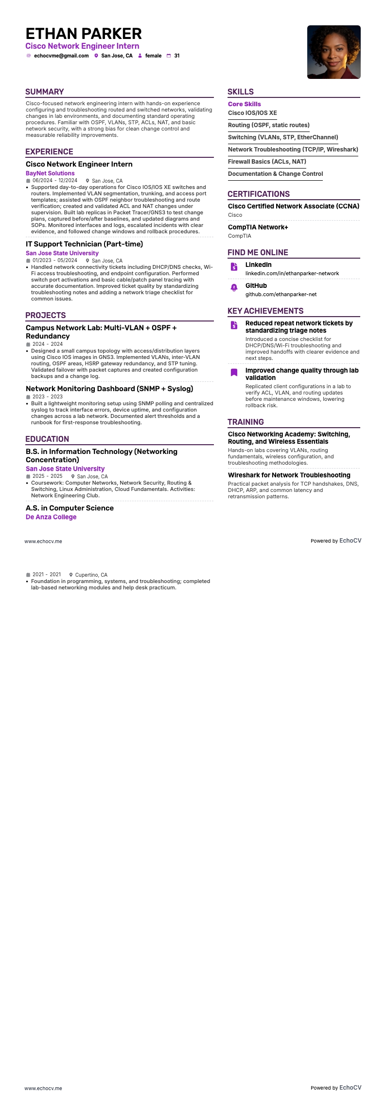 Cisco Network Engineer Intern example resume