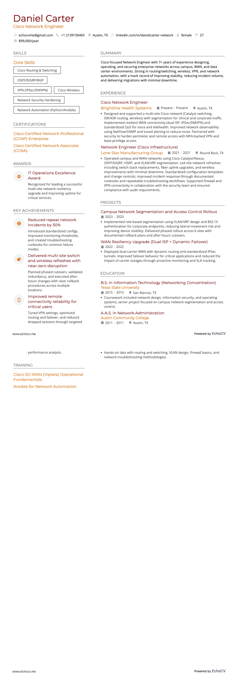 Cisco Network Engineer example resume