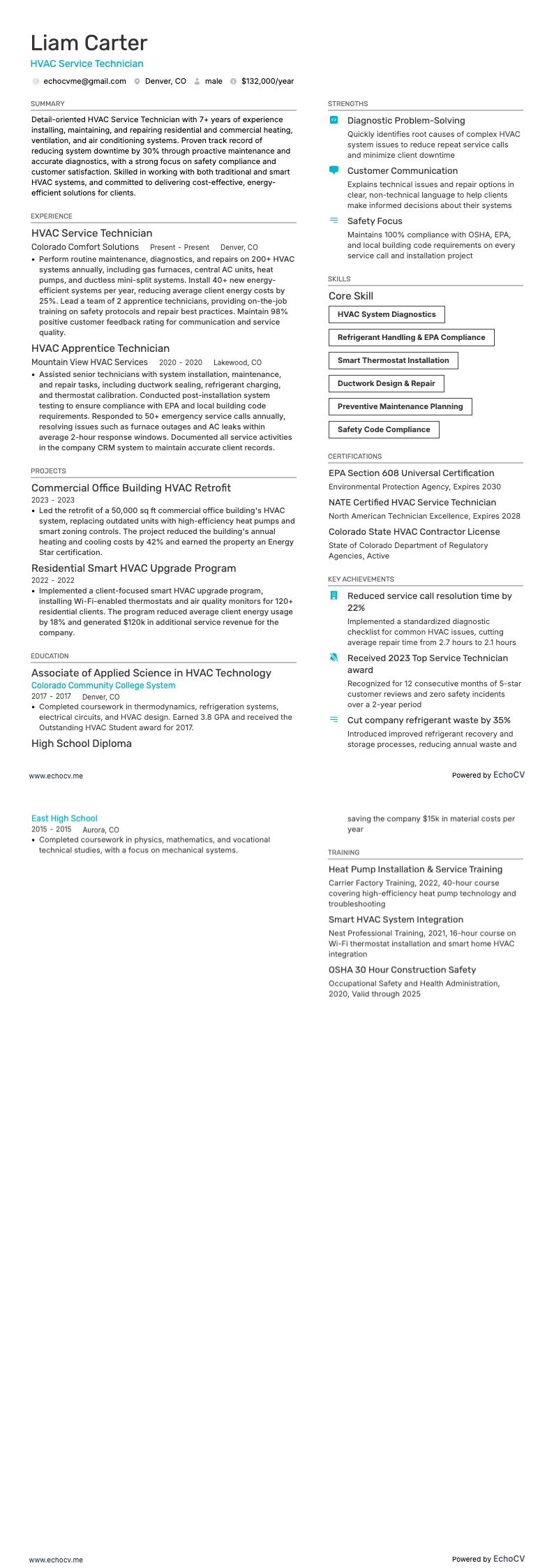 Técnico de serviço HVAC example resume