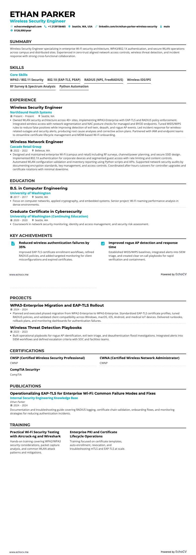 Wireless Security Engineer example resume