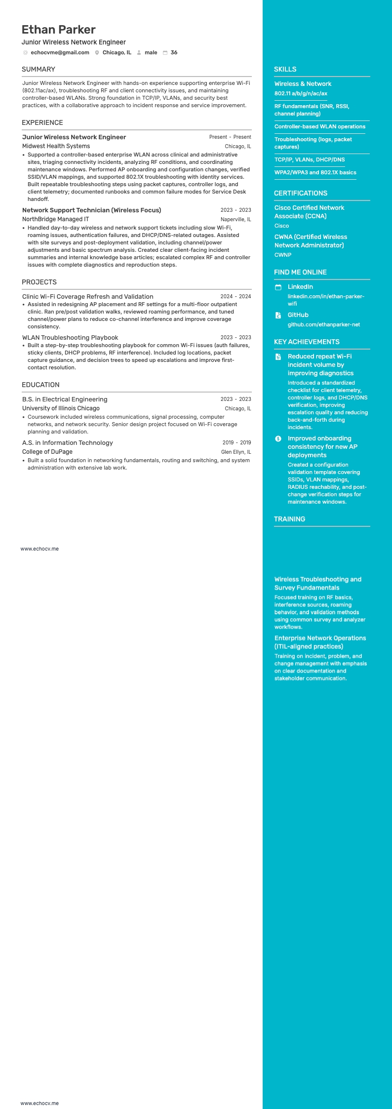 Junior Wireless Network Engineer example resume