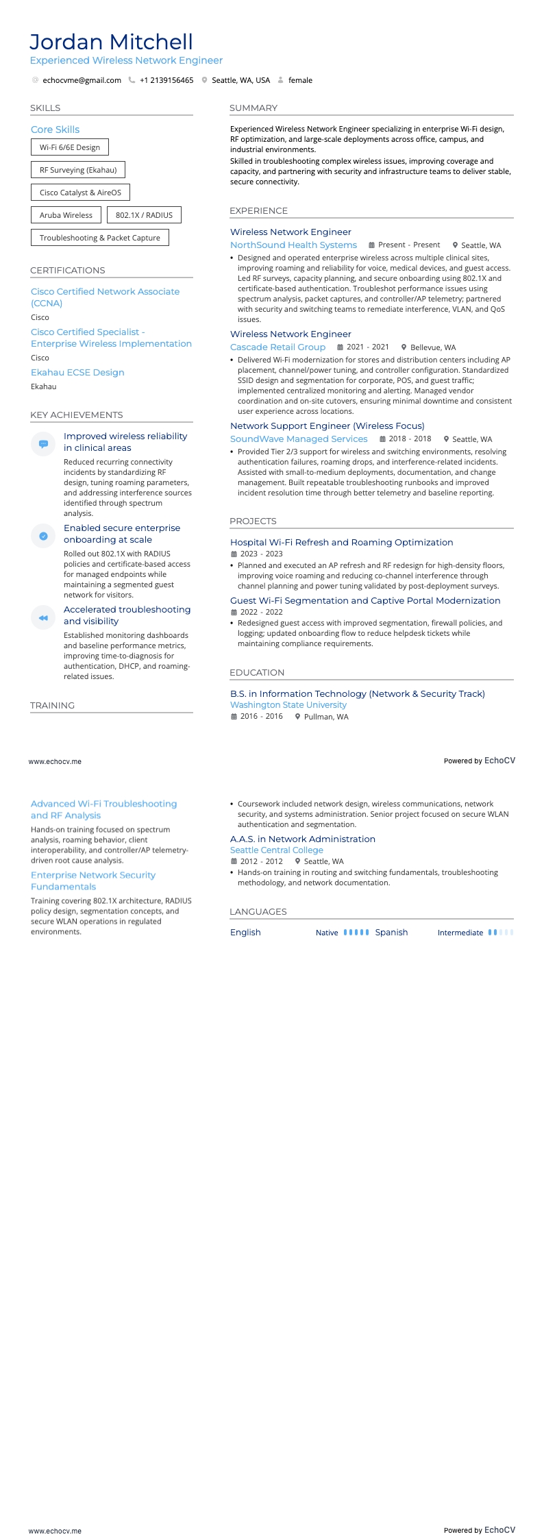 Experienced Wireless Network Engineer example resume