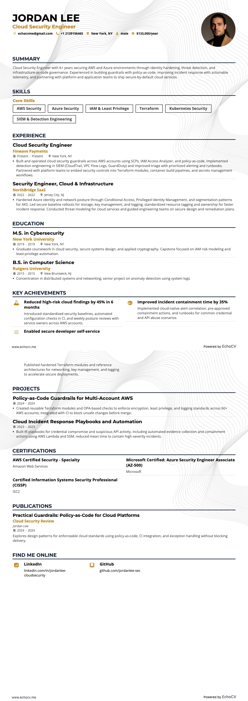 Cloud Security Engineer example resume