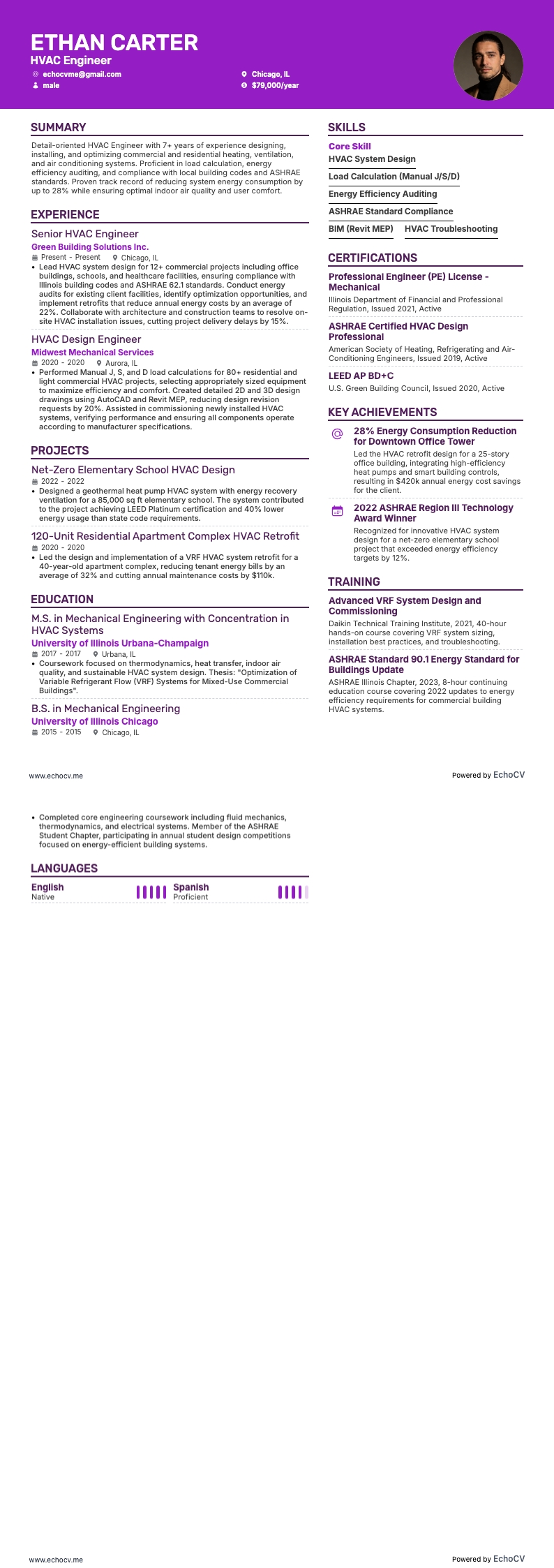 Engenheiro de HVAC example resume