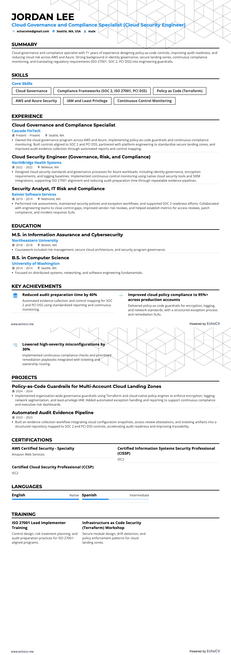 Cloud Governance and Compliance Specialist example resume
