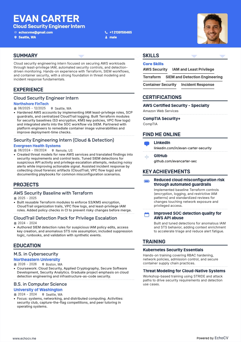 Cloud Security Engineer Intern example resume