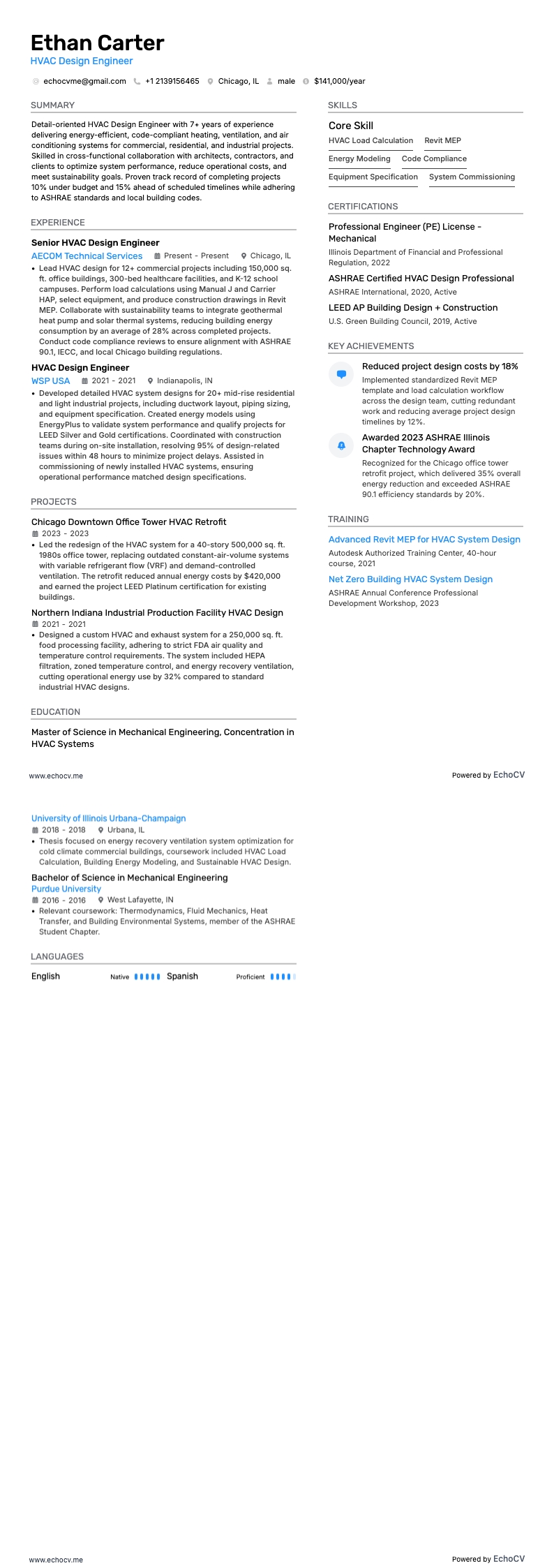 Engenheiro de projeto HVAC example resume