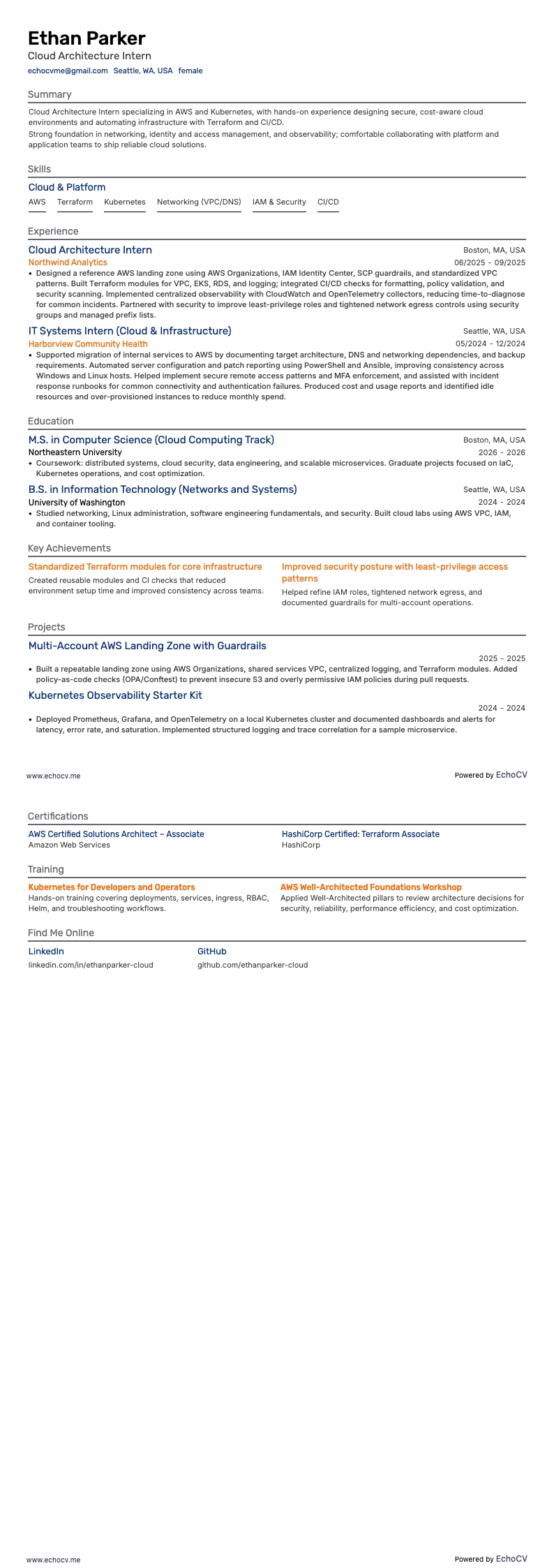 Cloud Architecture Intern example resume