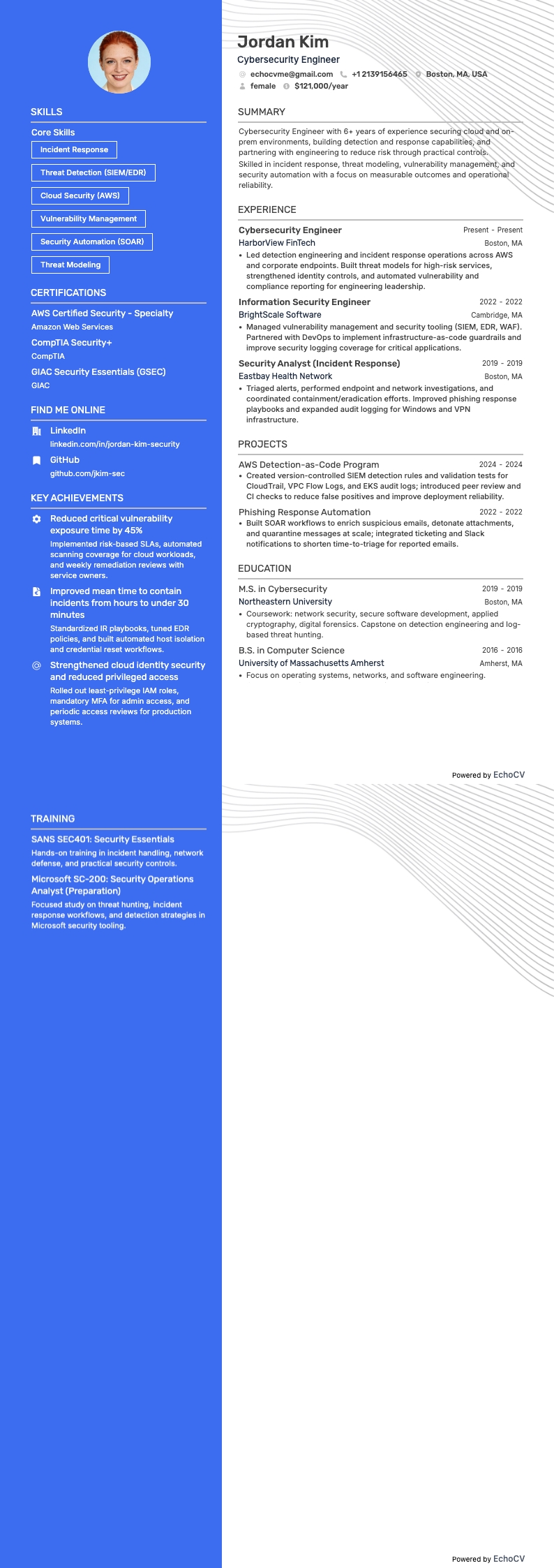 Cybersäkerhetsingenjör resume example