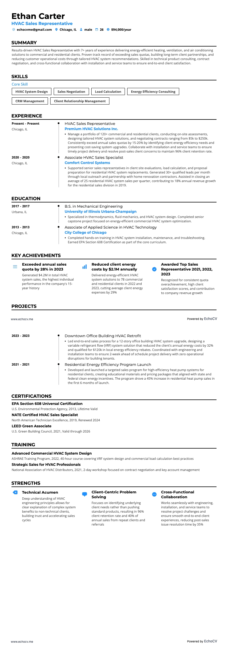 Representante de vendas de HVAC example resume