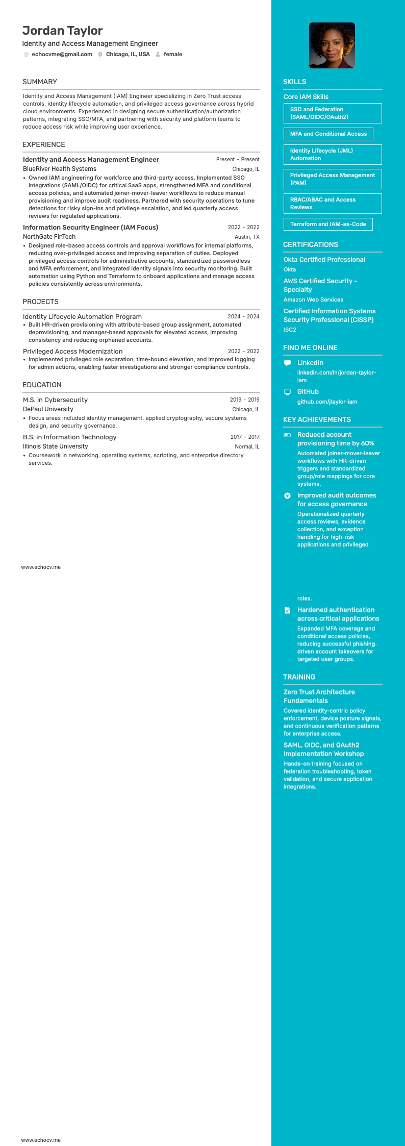 Ingenjör inom identitets- och åtkomsthantering example resume