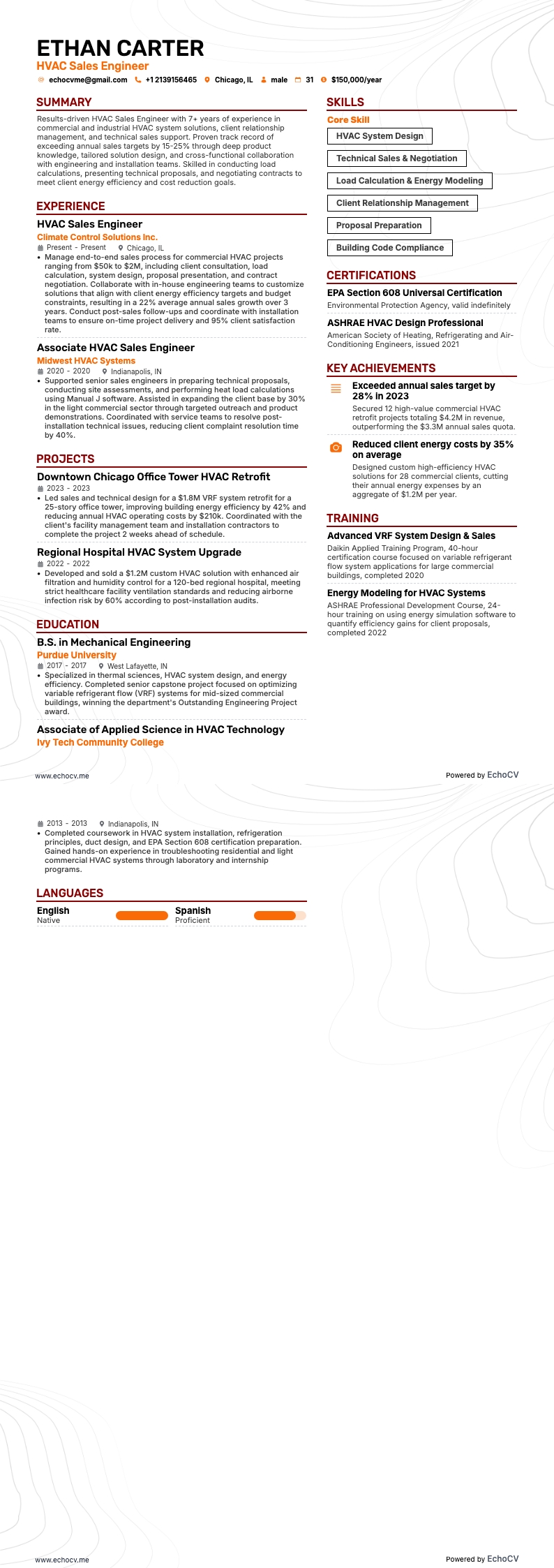 Engenheiro de vendas HVAC example resume