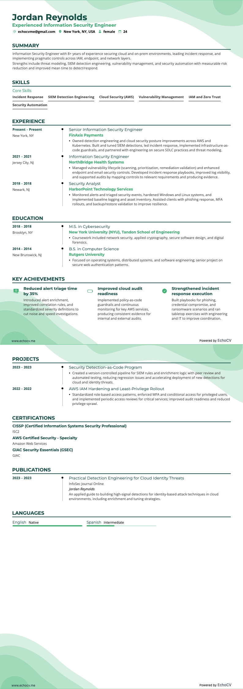 Erfaren informationssäkerhetsingenjör example resume