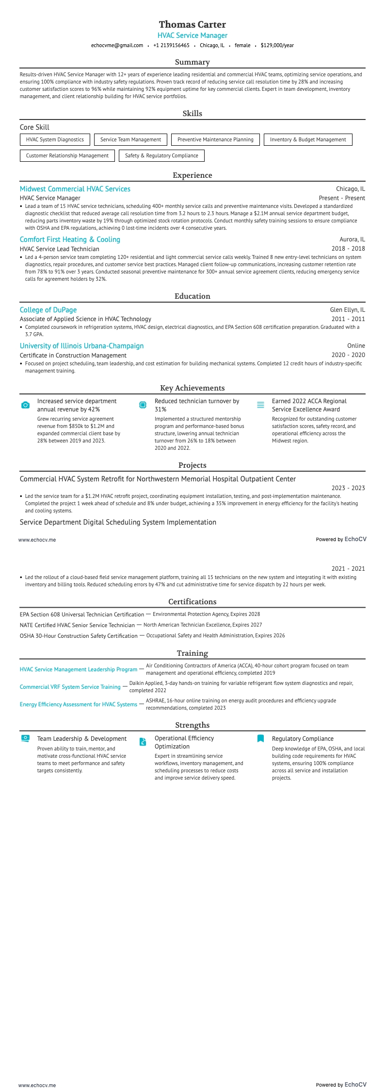 Gerente de Serviço de HVAC example resume