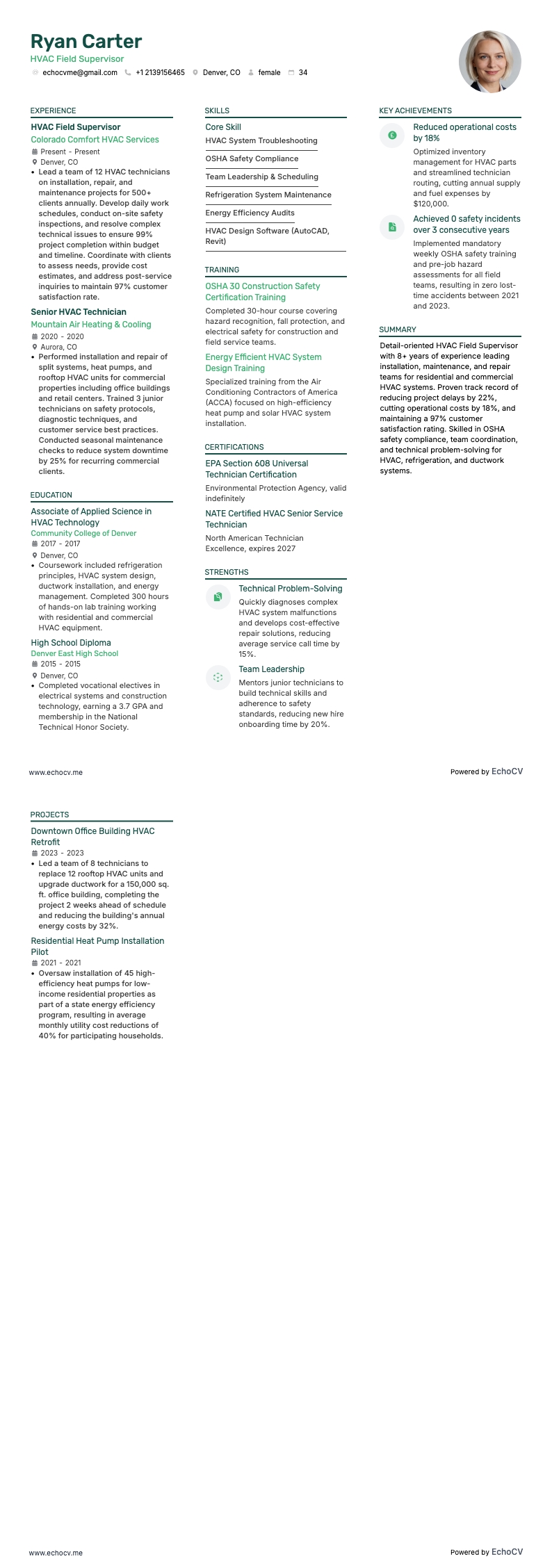 Supervisor de campo de HVAC example resume