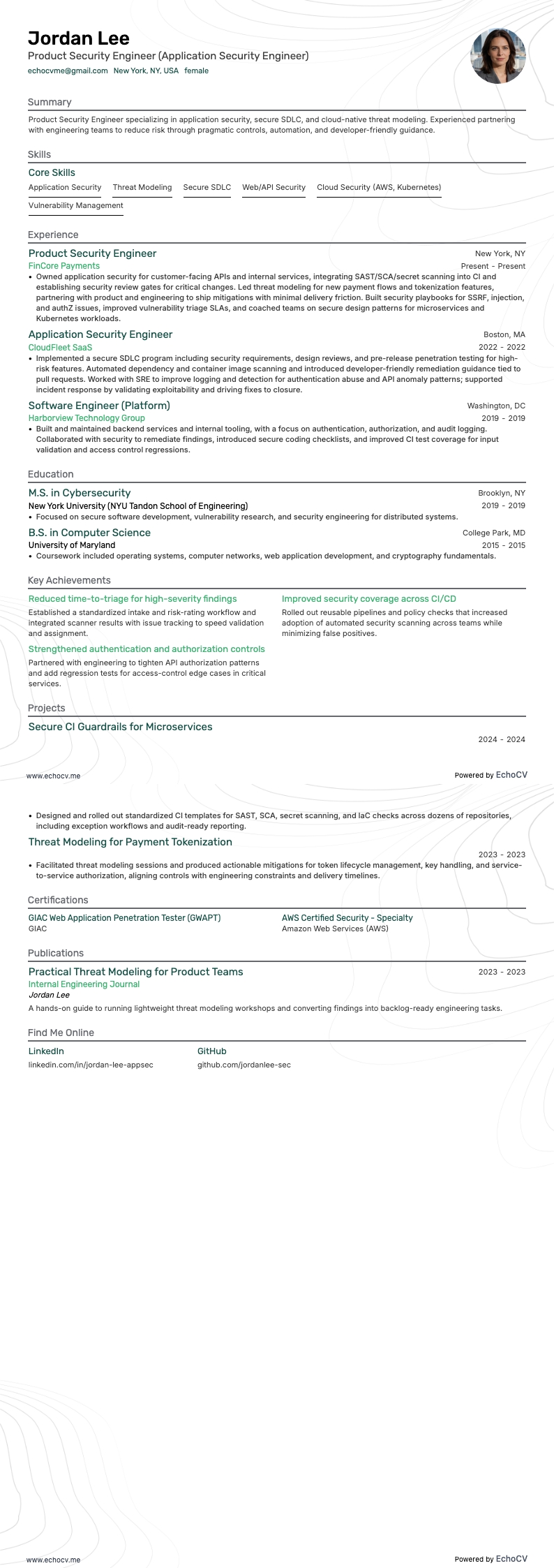 Product Security Engineer example resume