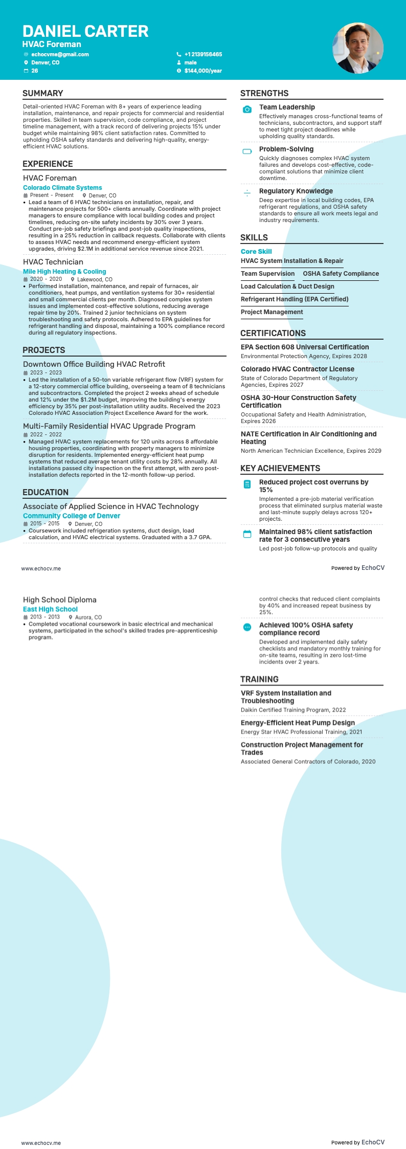 Encarregado de HVAC example resume