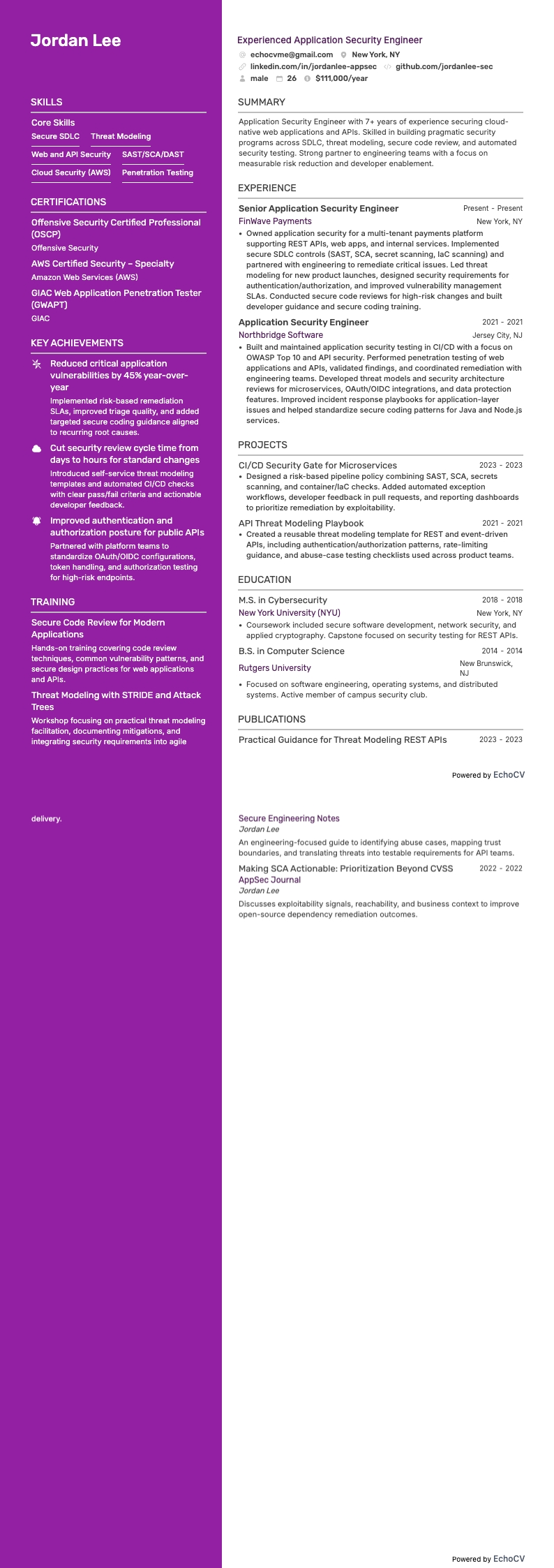 Experienced Application Security Engineer example resume