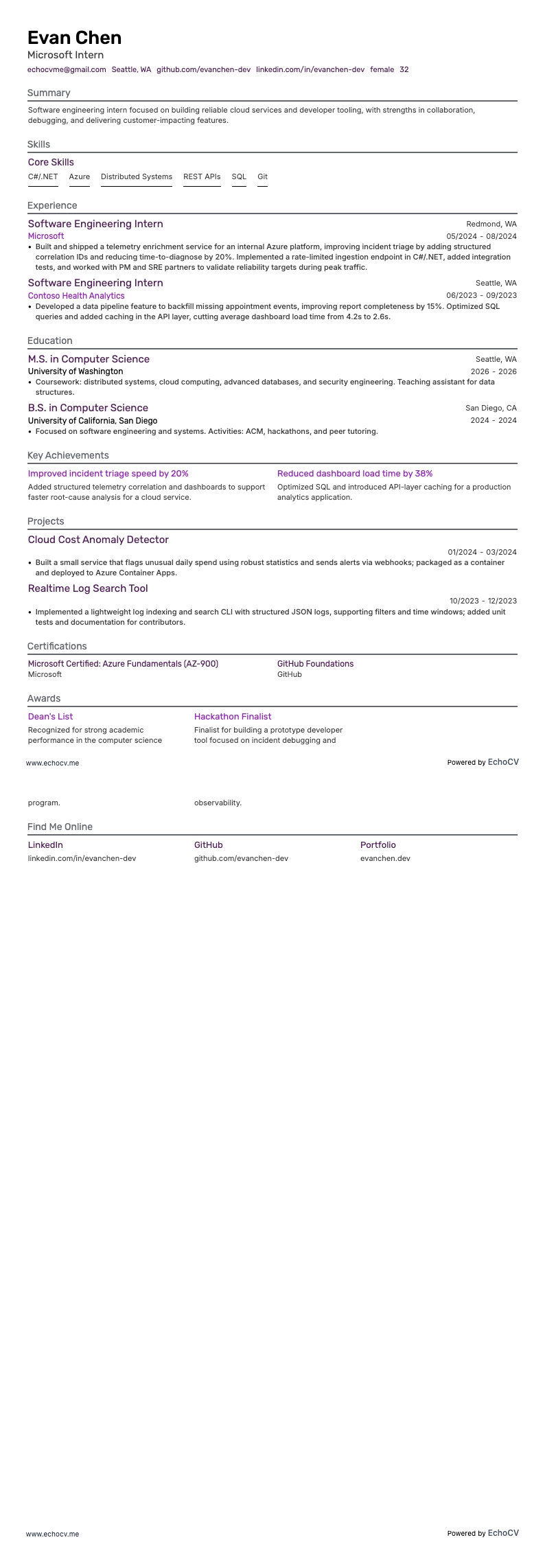 Microsoft Praktikant example resume