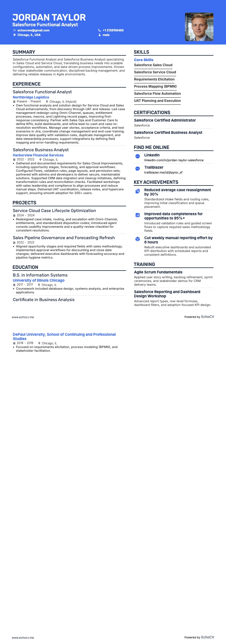 Analyste fonctionnel Salesforce resume example