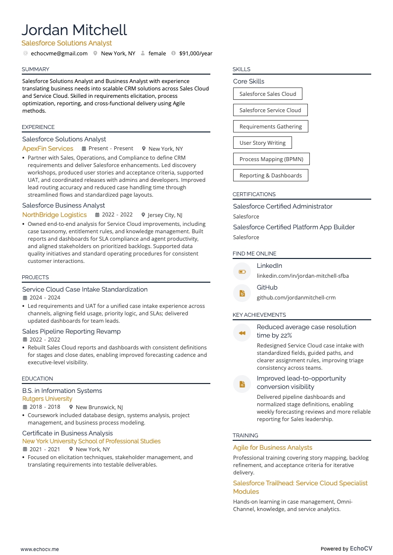 Analyste solutions Salesforce example resume